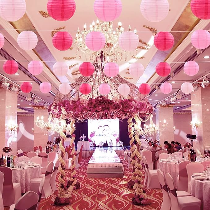12 Pcs Pink Party Paper Lanterns Romantic Decorations Rose Red and Pink Round Chinese Paper Lanterns for Wedding Birthday Party Valentines Day Engagement Baby Showers Decoration
