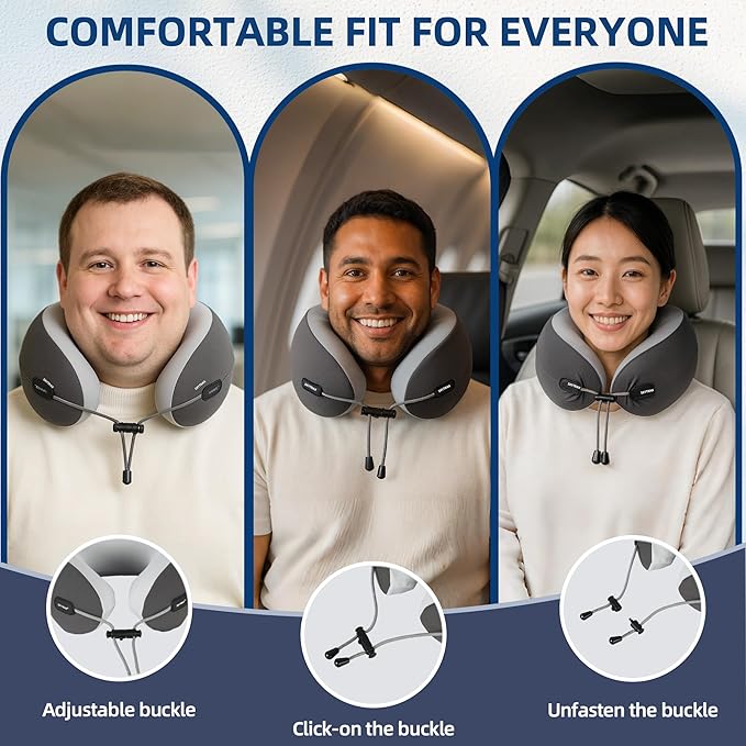SKYTRAX COMF® Premium Ergonomic Memory Foam Travel Neck Pillow, Washable Cooling Ice Silk Cover, Firm Neck Support for Airplane Long Flights & Pain Relief, with Portable Carry Case (Grey)