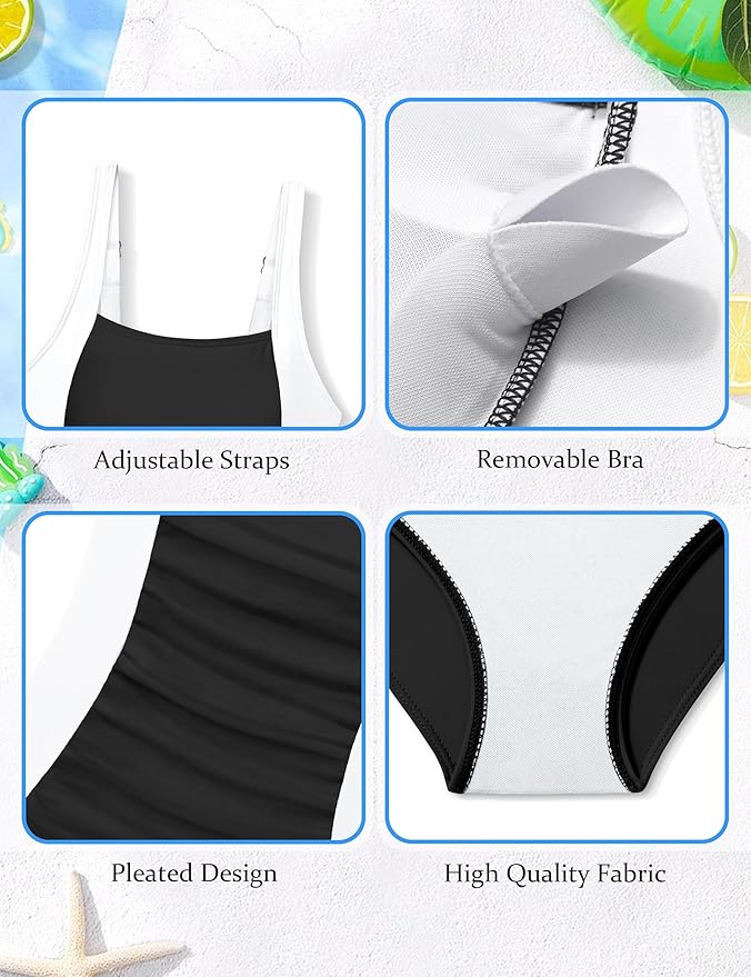 Girl Swimsuit One Piece Bathing Suit for Girls Solid Color Ruched Adjustable Straps Padded Swimwear 9-16y