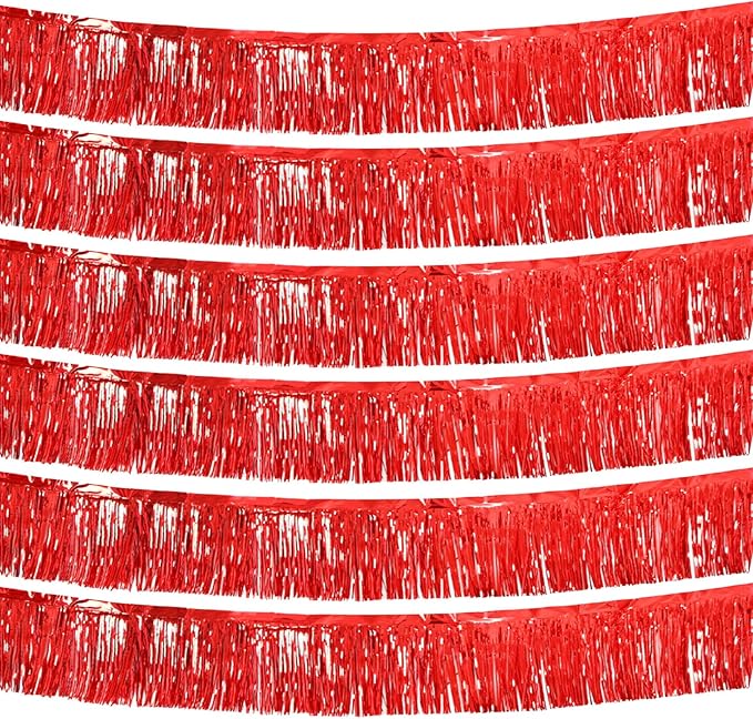 Red Foil Fringe Garland 10FT 6packs, Metallic Foil Tinsel Fringe Banners for Parade Float Decorations Wedding, Birthday Party Graduation (six Red)