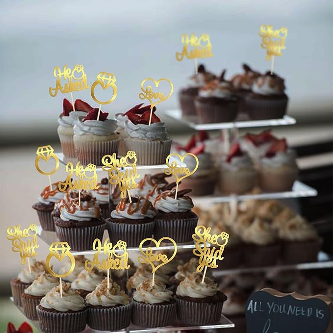 Gyufise 24 Pack Light Gold Glitter He Asked She Said Yes Cupcake Toppers Diamond Ring Heart Love Cake Picks for Wedding Engagement Party Cake Decorations