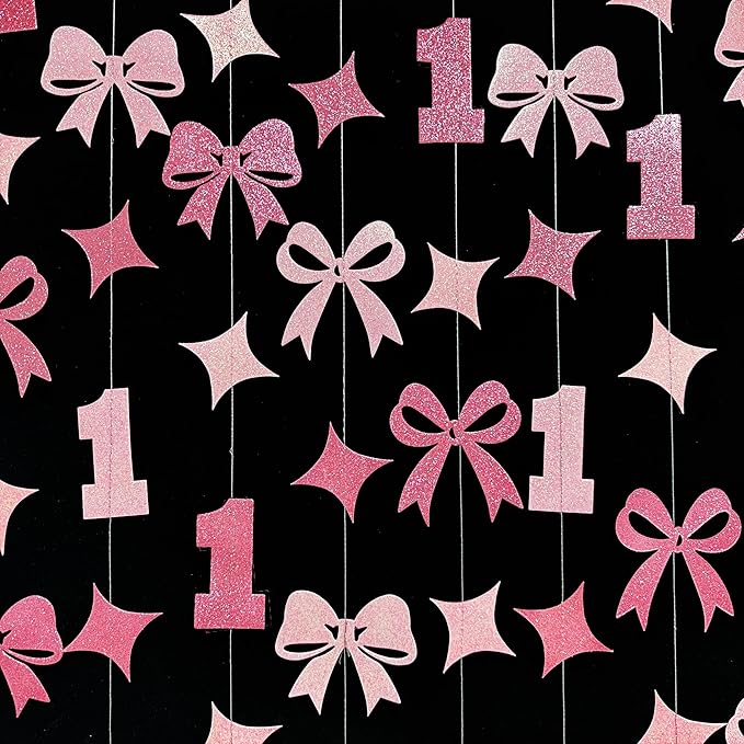 Pink Bow One Birthday Decorations Pink Glitter Paper Star Bow 1st Hanging Garland Streamer Banner for Happy First Birthday Baby Girl Bday Decor or 1st Anniversary Party Decorations Supplies