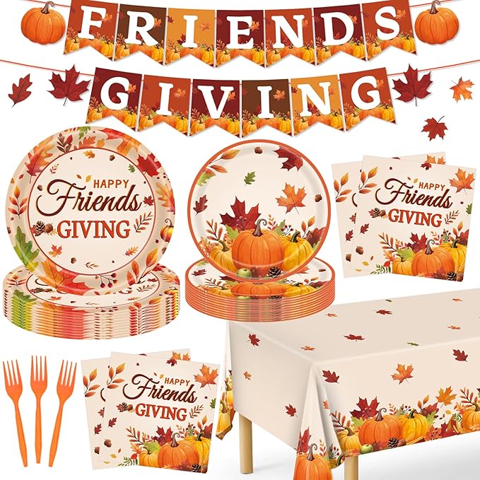 REDWORD Friendsgiving Plates, 98Pcs Friendsgiving Paper Plates-Serve 24 with Friends Giving Banner Fall Pumpkin Tablecloth Napkins for Fall Thanksgiving Friends giving Party Decorations