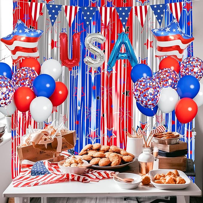 Red White and Blue Balloons Party Decorations with Patriotic Theme Foil Fringe Curtain for Graduation Party Supplies Nautical Veterans Memorial Day 4th of July Balloon Arch Decorations