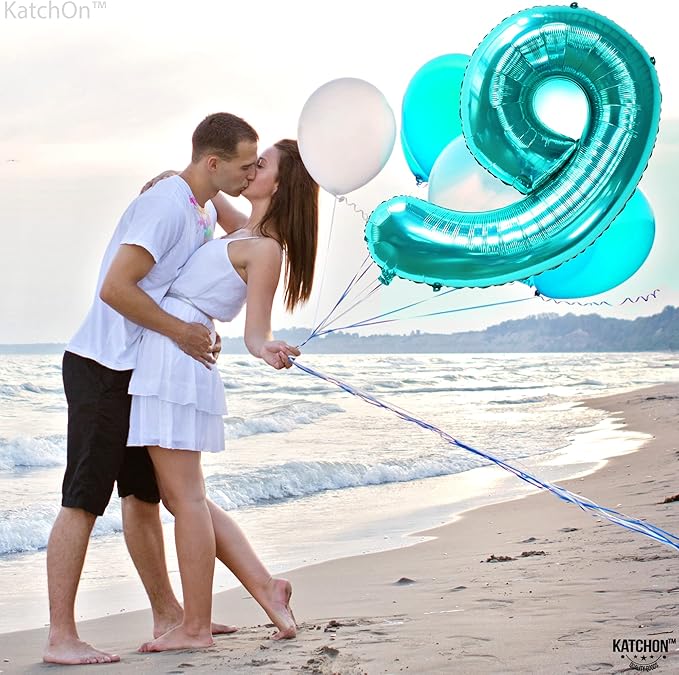 KatchOn, Giant Aqua Blue Number 9 Balloon - 40 Inch | Foil 9 Birthday Balloon for 9th Birthday Decorations | 9th Anniversary Decoration | Ocean Party Decoration