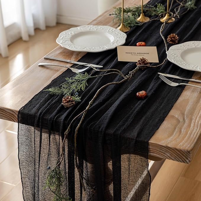 Keketoarrange Black Table Runner Cheesecloth Gauze Rustic Premium Cotton Cheese Cloth Table Decor 120 Inch 10 FT for Wedding Bridal Baby Shower Long Sheer Boho Home Decorations