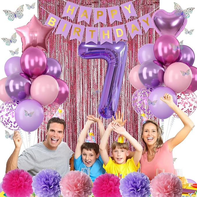 Pink Purple 7th Birthday Party Decorations for Girls Number 7 Balloon Happy Birthday Banner Butterfly Stickers Fringe Curtain Paper Pom Poms Metallic Hot Pink Star Foil Balloons 7 Year Old Princess