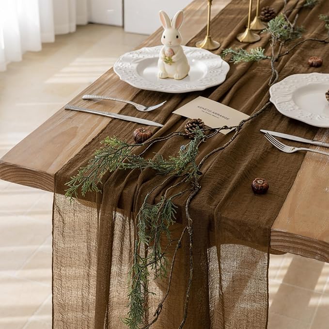Keketoarrange Coffee Tan Gauze Rustic Cheesecloth Table Runner 120 Inch 10 FT for Wedding Baby Shower Bridal Shower Birthday Engagement Garden Outdoor Party Long Sheer Boho Decorations