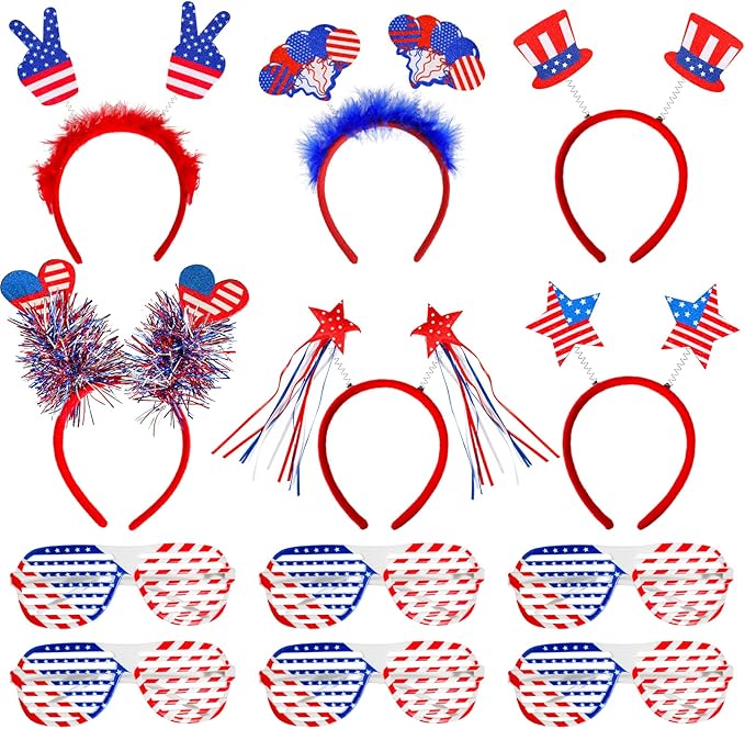 MGparty 12pcs 4th of July Headbands and Glasses for Kids Adults 4th of July Party Favors Supplies Patriotic Accessories Decorations