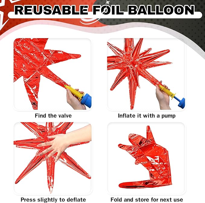 6PCS Star Balloons, 22Inch Black Red and Silver Star Balloon Foil Balloons Spike Cone Balloon for Graduation Birthday Anniversary New Year Kids Boys Party Decorations