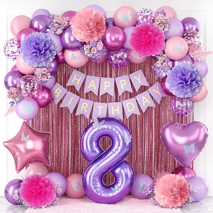 Pink Purple 8th Birthday Party Decorations for Girls Number 8 Balloon Happy Birthday Banner Butterfly Stickers Fringe Curtain Paper Pom Poms Metallic Hot Pink Star Foil Balloons 8 Year Old Princess
