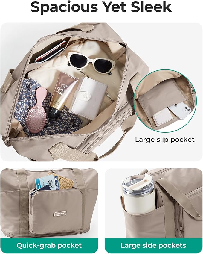 BAGSMART Foldable Travel Bag, 37L Expendable Personal Item Bag, Lightweight Weekender Bags for Women, Water Resistant Extra Carry on for Travel, Grayish Green