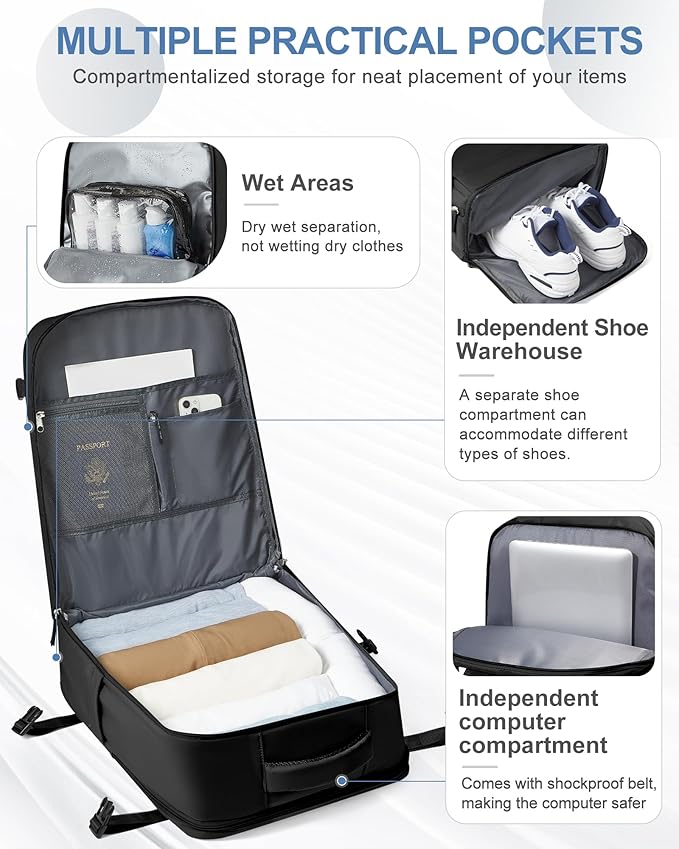 coowoz Large Travel Backpack Carry On for Women Man Black Waterproof Gym Backpacks with Laptop Compartment Mochila de Viaje Teacher Personal Item Backpack Rucksack Airplane Accessories Must Haves