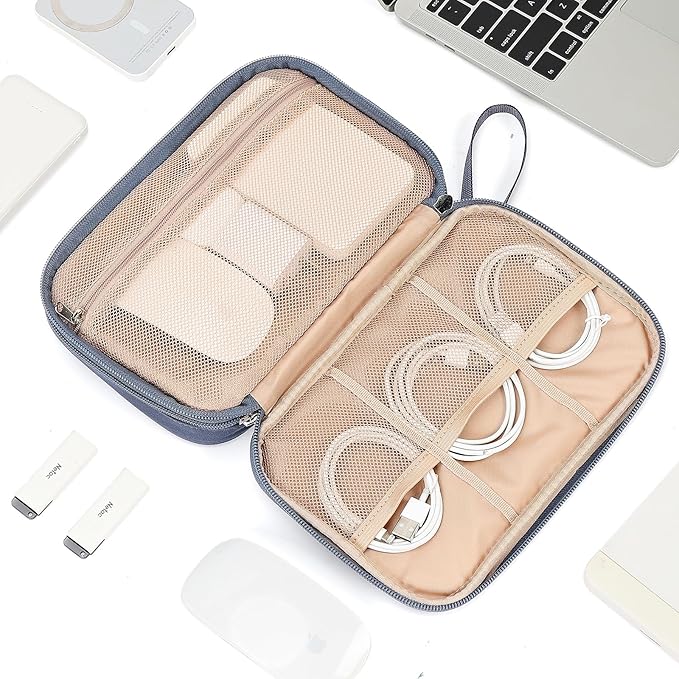 NISHEL Travel Cord Organizer Case, Double Layers Tech Electronic Bag, Essentials for Charger, Cable, Phone, Flash drive, Large, Aegean-Blue