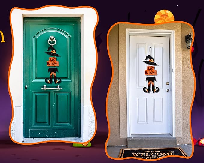 Yerliker Halloween Happy Sign Decoration Witch Legs Hat Hanging Wooden Wall Decor Version Rustic Front Door Hanger Fall Art Ornament for Home Room Indoor Outdoor Holiday Party(Orange)