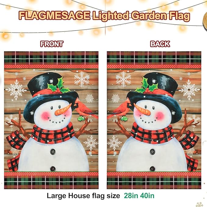 Lighted Christmas Garden Flag for Outside, Led Snowman Garden Flag, Winter Yard Flag 28x40 Double Sided for Outdoor Yard Porch Lawn Decoration