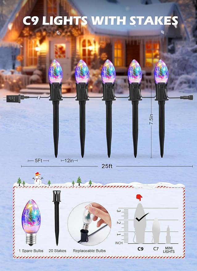 C9 Christmas Pathway Lights Outdoor, 25Ft 20 LED Christmas String Lights with Stakes, 4 Light Modes, Waterproof Connectable Christmas Decorations for Outside Lawn Yard Sidewalk Driveway, Multicolor