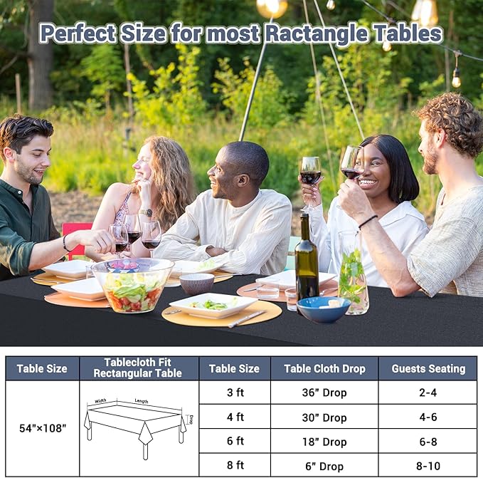 Black Tablecloths for Rectangle Tables 15 Pack, 54''×108'' Disposable Paper Table Cloth for 3-9 Ft Tables, Paper & Plastic Party Table Cover for Birthday, Outdoor, Wedding, Banquet