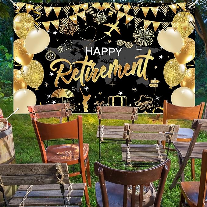 Mocsicka Happy Retirement Backdrop Pink Rose Gold Balloons Women Happy Retirement Banner Party Decorations Photo Booth Props (Black Gold, 8x6ft)
