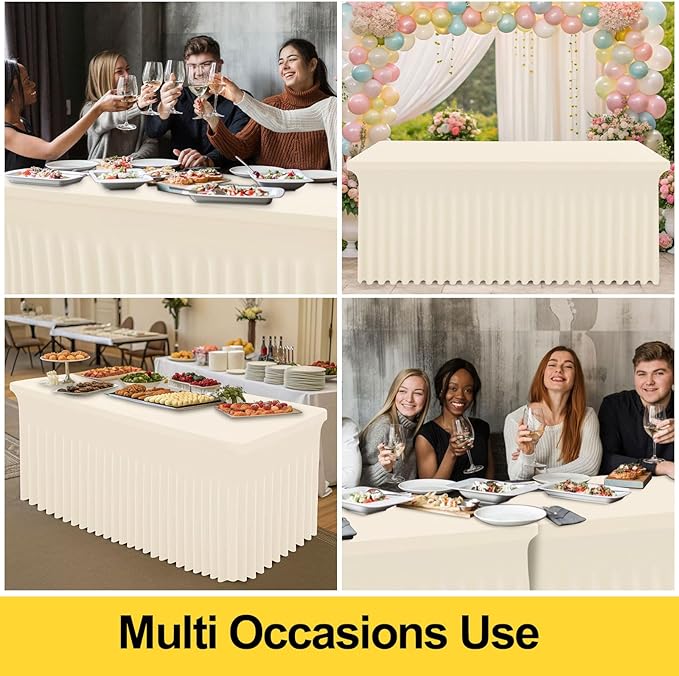 Smiry Spandex Tablecloth 2 Pack, Elastic Fitted Stretch Tablecloth for 8FT Rectangle Tables, Waterproof Washable Table Cover Skirt for Outdoor, Wedding, Banquet & Parties (Beige, 96Lx30Wx30H Inch)