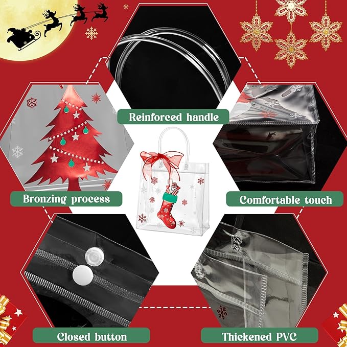 Henoyso 12 Pcs Christmas Clear Gift Bags Plastic Candy Treat Goodie Bags Red Foil Santa PVC Wrap Totes with Handles and Ribbon Xmas Party Favors (Snowman and Christmas Tree,7.8 x 7.8 x 3.1 Inch)