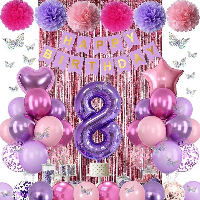 Pink Purple 8th Birthday Party Decorations for Girls Number 8 Balloon Happy Birthday Banner Butterfly Stickers Fringe Curtain Paper Pom Poms Metallic Hot Pink Star Foil Balloons 8 Year Old Princess