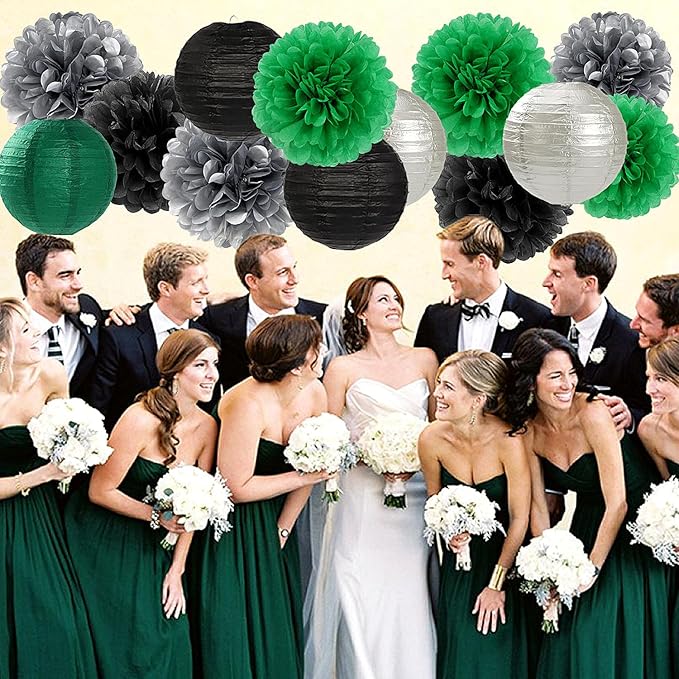 Green-Black Silver Party-Decorations Paper Flowers Lanterns - 15PCS Football Game Day Birthday Tissue Pom Poms Streamers, Bachelorette New Years Hanging Supplies Decor Hugfond