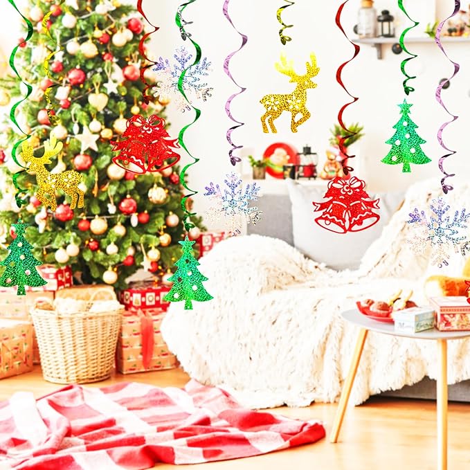 Christmas Hanging Swirls Decorations 30 Pack Sparkle Double Sided Red Green Party Merry Christmas Garland Foil Swirl Hanging Ceiling Ornaments Christmas Party Favors Xmas Holiday Party Decor Supplies