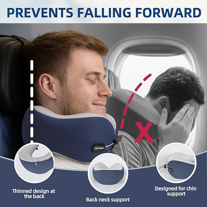 SKYTRAX COMF® Premium Ergonomic Memory Foam Travel Neck Pillow, Washable Cooling Ice Silk Cover, Firm Neck Support for Airplane Long Flights & Pain Relief, with Portable Carry Case (Navy Blue)