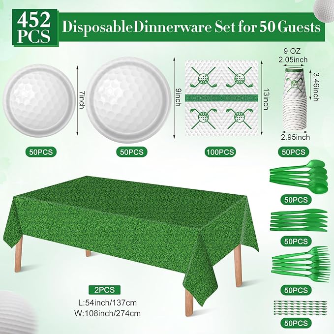 452 Pcs Golf Party Supplies for 50 Guests, Golf Paper Plates Napkins Cups Green Grass Field Tablecloth Cutlery Straws Disposable Tableware Set for Sports Theme Birthday Party Decorations
