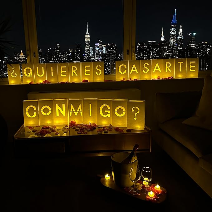 “QUIERES CASARTE CONMIGO?” Marry Me Light Up Letters in Spanish Will You Marry Me Sign Romantic Proposal Decorations with Tea Lights Candles and Rose Petals