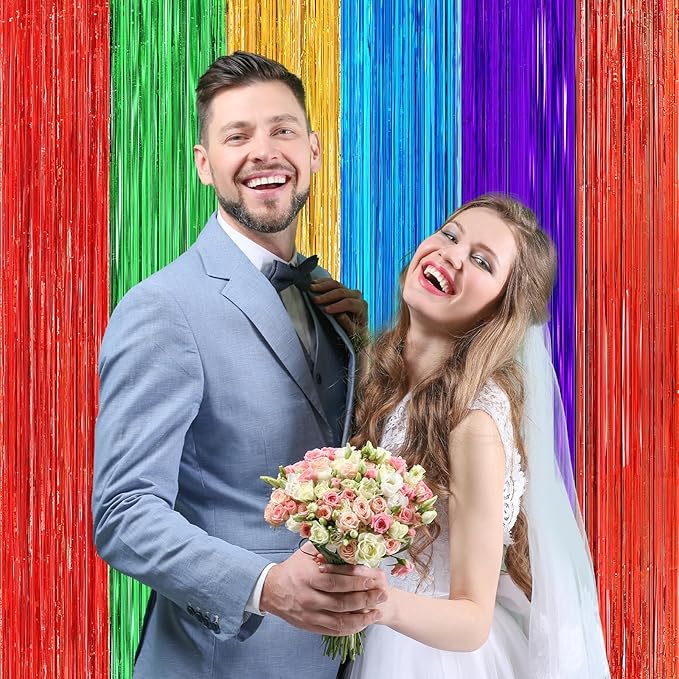 4 Pack Rainbow Foil Fringe Curtains, 3.3ft x 6.6ft Mexican Style Rainbow Streamer Curtain, Photo Booth Props Backdrop for Birthday Party, Christmas Decor, Mexican Cinco De Mayo Decorations