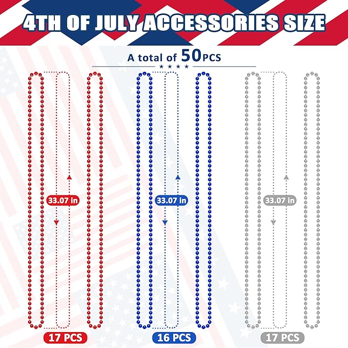 4th of July Necklace Party Favors, 50PCS 4th of July Round Beads Necklace Bulk, Red Blue Silver Necklace, Independence Day Beads Bulk for Patriotic Parade Party Celebration Favor Decor