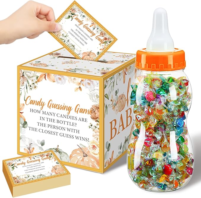 Glenmal 52 Pcs Baby Shower Games Gift Sets Large Baby Bottle for Shower Game Guess How Many Candies Decorations for Gender Reveal(Little Pumpkin)
