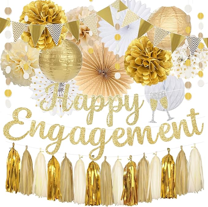 Engagement Party Decorations, Gold Glitter Happy Engagement Banner, Almost Married/Just Engaged Photo Background, Paper Tassel Garland for Congratulations Wedding Bachelorette Party Shower Décor