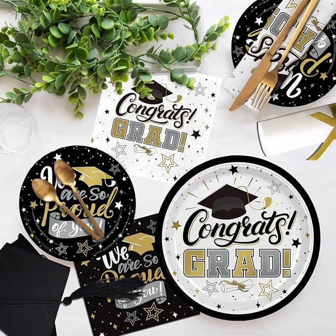Graduation Decorations 2025 Black and Gold Grad Party Supplies with Disposable Plates, Napkins, Tablecloth, Cups and Congrats Grad Banner for 24 Guests - Graduation Party Decorations
