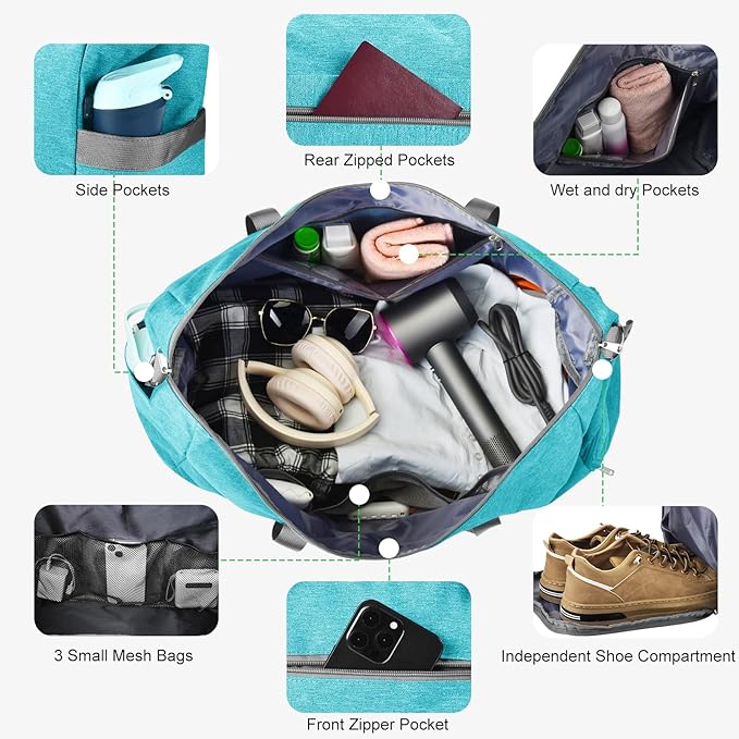 Felipe Varela Carry on luaggage Airlines Approved, Foldable Carry on Bag Travel Duffel Bags Overnight weekender Gym Duffle Carry Bag with Wet Pocket & Shoe Compartment for Women Men (MintGreen, 40L)