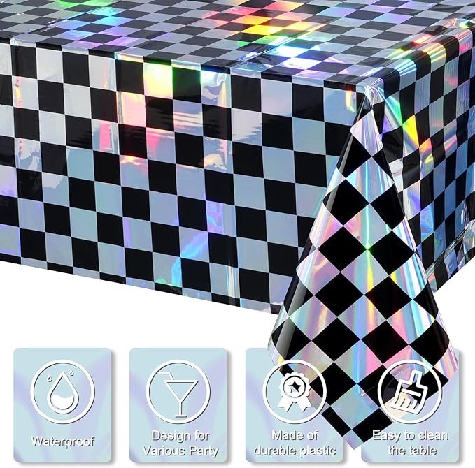 3Pack Black and Iridescent Checkered Plastic Tablecloth, Shiny Disposable Laser Rectangle Table Covers, Holographic Foil Tablecloth Iridescent Party Decorations for Picnic Camping Race Car, 54x108Inch