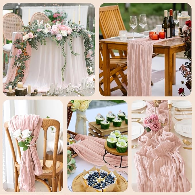 Wokceer 12Pack Dusty Pink Cheesecloth Table Runner 10FT Boho Gauze Spring Easter Cheese Cloth Table Runner for Party Rustic Sheer Runners for Baby Bridal Shower Wedding Christmas