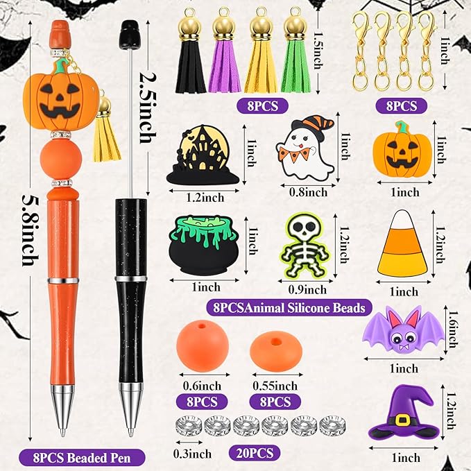 CZWZ Halloween Beadable Pens, Plastic Beadable Pens with 8 Pcs Multicolor Silicone Beads, Halloween Pumpkin Bat Skull Ghost Witch Hat Pens for Halloween Gifts Office Supplies