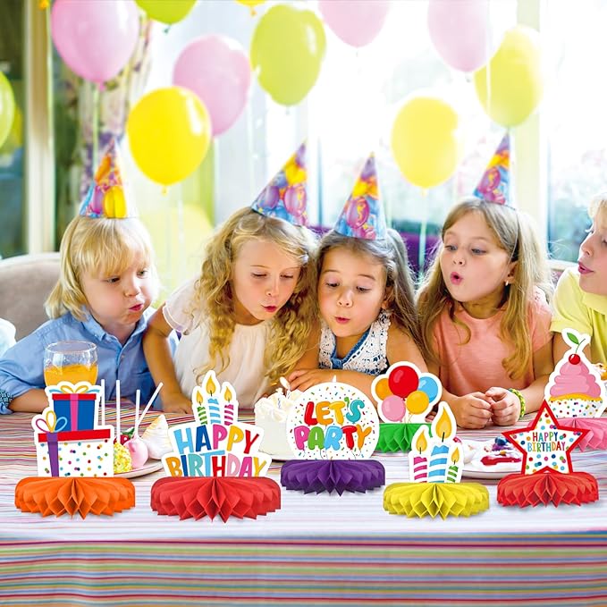 Happy Birthday Decorations Set - Colorful Themed Honeycomb Centerpiece, Table Decoration for Kids' Birthday Party Supplies