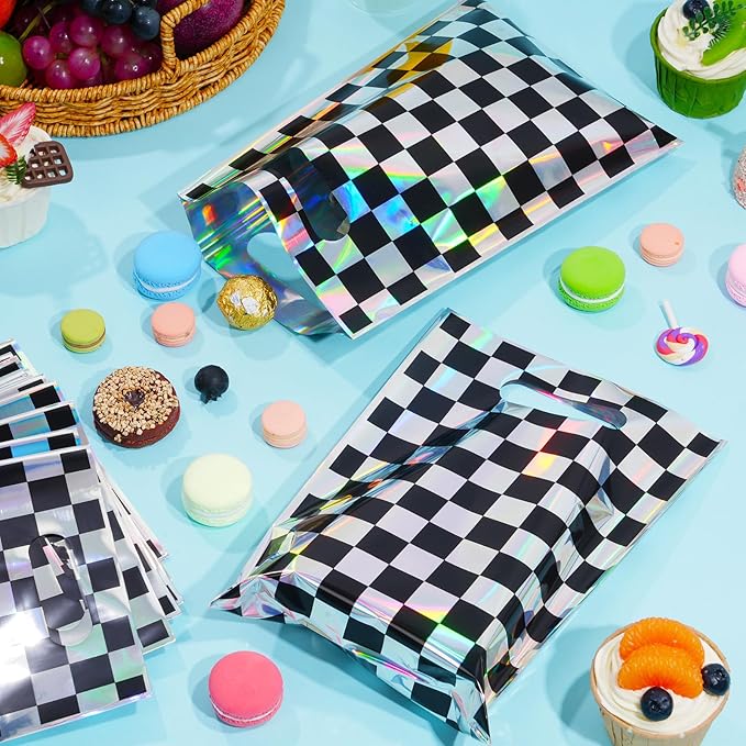 FunnyPars 50 Pcs Iridescent Checkered Race Car Party Favor Bags, Plastic Black and Iridescent Car Goodie Treat Bags, Racecar Laser Plaid Gift Bags for Kids Fast Race Car Birthday Party Decorations