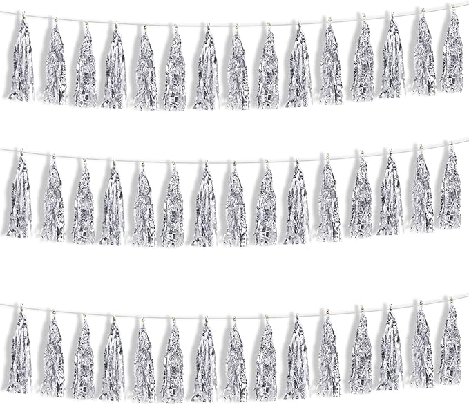 BEISHIDA 3 Packs Silver Metallic Foil Fringe Tassel Garland, Tassels Banner Streamers for New Year Silver Wedding Engagement Graduation Birthday Bridal/Baby Shower Christmas Holiday Party Decoration