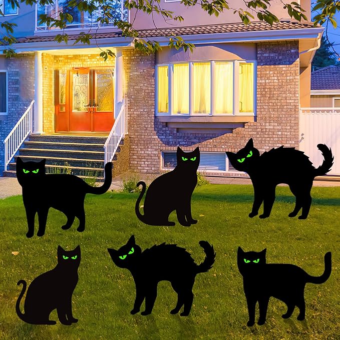 Halloween Decorations Outdoor 6 PCS Black Cat Yard Signs with Stakes Scary Silhouette with Glow in Eyes Waterproof for Yard Lawn Garden Indoor Home Halloween Decor