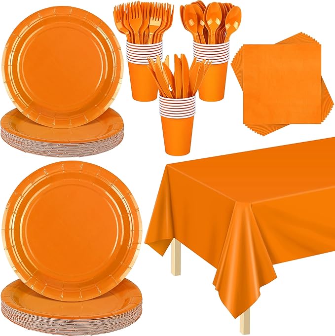 ADXCO 169-Piece Orange Party Pack: Plates, Cups, Napkins, Utensils, Tablecloth for 24 Guests - Orange Wedding or Birthday Party Decorations