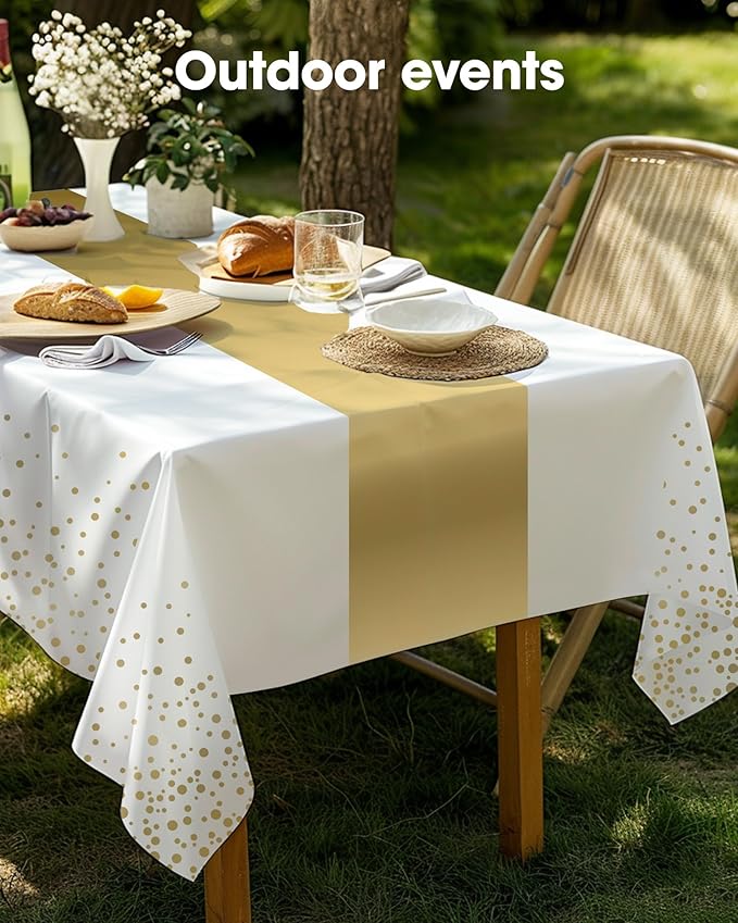 Pureegg Plastic Table Cloth Disposable 8 Pack, 54 x 108 Inch, Table Runner Style, Graduation Decorations 2026, Party Tablecloths, Rectangle, Plastic Cover, Leakproof & Sturdy, White Gold
