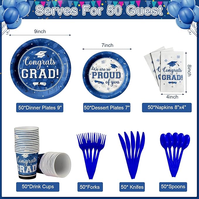 Graduation Party Supplies Congrats Grad Plates and Napkins Set Serve 50, Disposable Tableware Paper Plates Napkins Cups Knives Spoons Forks Straws for Class of 2026 Graduation Party Decorations (Blue)