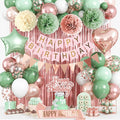 Rose Gold and Sage Green Birthday Decorations, Retro Avocado Green Party Décor with Foil & Latex Balloons Sash Fringe Curtains Happy Birthday Banner Cake Topper Paper Pompoms Decor for Women Girl