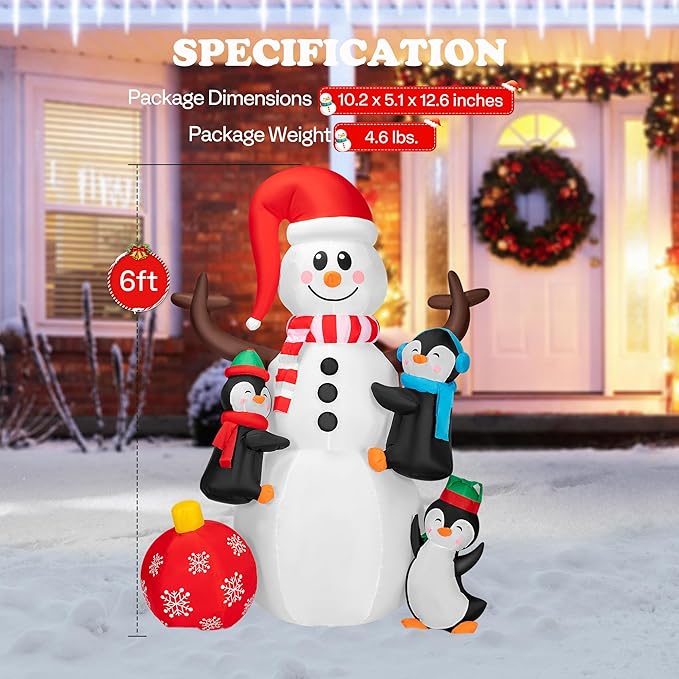 VIVOHOME 6FT Christmas Inflatable Outdoor Decoration, Snowman with Penguin and Red Ball, Navidad Blow Up Yard Decor with Built-in LED Light for Lawn, Garden, Party