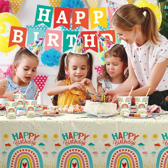 Retro Rainbow Themed Happy Birthday Party Supplies Set - Vibrant Disposable Paper Plates, Cups, Napkins, Tablecloth & Birthday Banner - Fun & Colorful Design for Boys/Girls - For 25 Guests